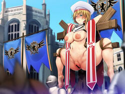 amagasahigasa areolae armor ass bangs banner bar_censor barefoot belly beret black_gloves blonde_hair blue_eyes blush bondage breasts building censored closed_mouth collarplate crest cross crucifixion curvy dirty dirty_feet eyebrows_visible_through_hair female gloves hat highres knight large_breasts looking_ahead m_legs medium_hair navel nipples nose_blush original outdoors public public_exposure public_humiliation puffy_nipples pussy restrained rope sidelocks soles solo_focus spoils_of_war spread_legs steaming_body stomach sweat thick_thighs thighs toes war_trophy white_headwear wide_hips