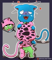 animal_genitalia anthro anus ass balls blue_body blue_fur blush bodily_fluids clothed clothing digital_media_(artwork) domestic_cat duo erection exceed fairy_tail felid feline felis fellatio frosch_(fairy_tail) fur genitals happy_(fairy_tail) hi_res male male/male male_penetrated male_penetrating male_penetrating_male mammal nude onesie open_mouth oral oral_penetration penetration penile penis sex simple_background vitrex