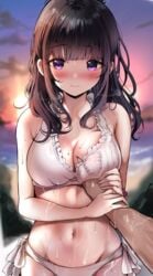 absurdres backlighting bangs bare_shoulders bikini black_bikini black_hair blush breast_grab breasts chitanda_eru cleavage closed_mouth collarbone female grabbing guided_breast_grab hair halterneck hand_under_clothes hand_under_swimsuit highres huge_filesize hyouka large_breasts long_hair looking_at_viewer navel pov purple_eyes sak_(lemondisk) side-tie_bikini smile solo_focus swimsuit wet wrist_grab wristlet