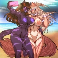 angel_kryis anthro anthro_on_anthro blue_eyes breasts brown_fur brown_hair cellphone crystal-for-ever detailed_background fangs felid feline feline female female/female female_only fluffy fluffy_tail fur genitals glowing glowing_eyes holding_object nipples pink_fur pink_hair purple_eyes purple_fur pussy tail tongue yuri yuri