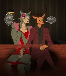 2021 anthro anthro_on_anthro antlers balls beastars blush bottomwear cervid cervine claws clothed clothed_sex clothing crossdressing crossed_legs dialogue dress duo english_text erection genitals green_clothing green_shirt green_topwear handjob hi_res horn humanoid_genitalia humanoid_penis jacket legoshi_(beastars) louis_(beastars) male male/male male_only mammal necktie panties panties_down pants penile penis penis_grab public purple_clothing purple_jacket purple_topwear red_clothing red_deer red_dress sex shirt sitting speech_bubble spicedpopsicle suit text topwear under_the_table underwear underwear_down