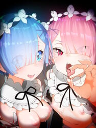 2girls black_background blue_eyes blue_hair blush breasts breasts_out cum cum_on_breasts eyebrows_visible_through_hair hair_ornament hair_ribbon hairband looking_at_viewer maid maid_uniform medium_breasts multiple_girls navel nipples open_mouth pink_eyes ram_(re:zero) rbx_lamen re:zero_kara_hajimeru_isekai_seikatsu red_hair rem_(re:zero) short_hair small_breasts tongue_out twins