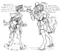 anthro baton breast_growth breasts canid canine canis cervid changeling_tale clothing comictf dialogue duo english_text female gender_transformation growth human_to_anthro malcolm_(changeling_tale) mammal monochrome mtf_transformation police species_transformation tailwag text torn_clothing transformation wolf