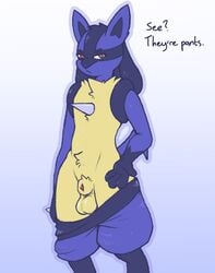 absurd_res animal_genitalia animal_penis annoyed anthro belly_tuft canine_penis clothed clothing dialogue genitals gesture hi_res humor looking_at_viewer lucario male male_only nintendo pants_down partially_clothed penis penis_tip pokemon pokemon_(species) pulling_pants_down sheath sheath_poking_out simple_background solo text tinysmallman tuft undressing video_games