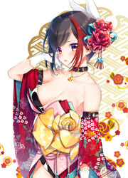 bang_dream! bangs bare_shoulders belt belt_buckle belt_collar black_hair black_neckwear blush breasts buckle chain_necklace collar commentary_request cowboy_shot detached_sleeves female floral_background floral_print flower frown gloves gradient_eyes hair_flower hair_ornament highres jewelry layered_clothing leotard lock long_sleeves looking_at_viewer medium_breasts mitake_ran multicolored multicolored_eyes multicolored_hair obi obijime pendant playboy_bunny purple_eyes sash short_hair solo standing strapless strapless_leotard streaked_hair swept_bangs tsurugi_hikaru white_background white_gloves wide_sleeves