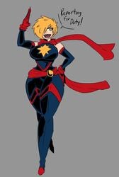 1girls bare_shoulders blonde_hair captain_marvel carol_danvers deputyrust green_eyes hair_over_one_eye marvel redesign scarf short_hair solo solo_female superheroine tagme thick thick_thighs tight_clothing tomboy