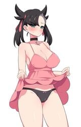 aikome_(haikome) big_breasts black_hair blush cameltoe cleavage dark_hair dress dress_lift flashing goth goth_girl gothic haikome huge_breasts marnie_(pokemon) nervous pokemon pokemon_ss presenting_panties sweat teenager thick_thighs thighs voluptuous