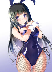 animal_ears bang_dream! bangs black_hair black_ribbon blue_background blue_leotard blue_neckwear blush bow bowtie breasts bunny_ears covered_navel cowboy_shot detached_collar fake_animal_ears female fishnet_legwear fishnets gradient gradient_background hands_on_own_chest highres leotard long_hair medium_breasts open_mouth pantyhose playboy_bunny purple_eyes ribbon shirokane_rinko solo strapless strapless_leotard tsurugi_hikaru wrist_cuffs