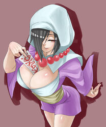 bangs barely_contained big_ass big_breasts black_hair capcom cleavage cleavage_cutout cleavage_reach evil_rao female hood looking_at_viewer object_between_breasts okami ong_(artist) rao red_eyes short_dress short_hair solo tagme wide_hips