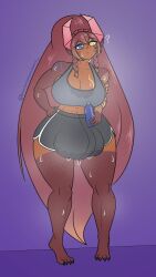 anthro bananaramasama big_breasts big_thighs braid braided_hair braids breasts bulge bulge_through_clothing dragon_girl dragon_horns flare_anaktes futanari gym_shorts horn horns long_hair midriff oc original original_character red_hair solo solo_futa sweat sweating sweaty tattoo tattoos thighs