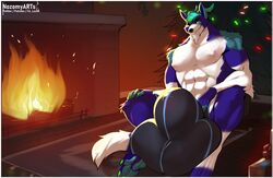 animal_genitalia balls big_balls big_bulge big_penis big_sheath blue_body blue_fur blue_hair bulge canid canine canis fireplace fur genitals green_hair grin hair horn huge_balls huge_bulge huge_cock huge_sheath hybrid hyper hyper_balls hyper_bulge hyper_genitalia hyper_penis male mammal muscular nozomyarts penis sheath smile solo tyr_ulfrhundr white_body white_fur wolfdog