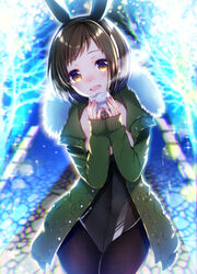 animal_ears bang_dream! black_legwear black_leotard blush breath brown_hair bunny_ears check_commentary coat cobblestone coffee_cup cold commentary_request cowboy_shot cup disposable_cup eyebrows_behind_hair fake_animal_ears female fur-trimmed_collar fur_collar fur_trim green_coat hazawa_tsugumi head_tilt highres leotard leotard_under_clothes long_sleeves looking_at_viewer night open_clothes open_coat open_mouth orange_eyes outdoors pantyhose playboy_bunny round_teeth short_hair solo standing strapless strapless_leotard teeth tsurugi_hikaru