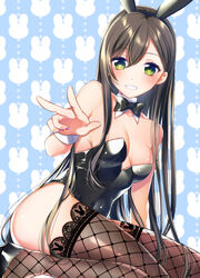 animal_ears animal_print arm_support bang_dream! bangs bare_shoulders black_footwear black_hair black_legwear black_leotard black_neckwear blue_background bow bowtie breasts bunny_ears bunny_print cleavage covered_navel detached_collar eyebrows_visible_through_hair fake_animal_ears female fishnets green_eyes grin hair_between_eyes hanazono_tae highres kneeling leotard long_hair looking_at_viewer medium_breasts nail_polish playboy_bunny sidelocks smile solo strapless teeth thighhighs tsurugi_hikaru w wrist_cuffs