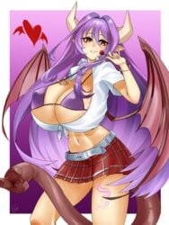 alma_elma bat_wings belly_button belt big_breasts bikini_top bra bracelet cleavage_cutout demon_girl demon_wings female hand_on_breast heart horns lolipop long_hair looking_at_viewer midriff miniskirt mon-musu_quest! monster_girl monster_girl_quest ong_(artist) open_shirt pointy_ears purple_hair red_eyes school_uniform signature solo succubus succubus_horns succubus_queen succubus_tail succubus_wings tail tail_pussy tattoo thick_thighs wide_hips