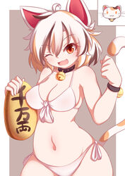 1girls :3 animal_ears bell_collar bikini cat_ears cat_tail collar dior-zi fangs female female_only mike_goutokuji multicolored_hair navel red_eyes side-tie_bikini standing tail touhou white_hair wink