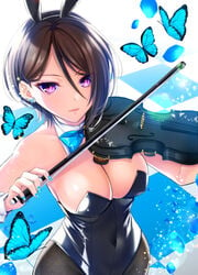 animal_ears asymmetrical_hair bang_dream! bangs bare_shoulders black_hair blue_bow blue_butterfly blue_nails blue_neckwear bow bow_(instrument) breasts bug bunny_ears bunny_girl butterfly cleavage collarbone covered_navel detached_collar earrings eyebrows_visible_through_hair fake_animal_ears female hair_between_eyes headband highres holding insects instrument jewelry large_breasts leotard looking_at_viewer nail_polish pantyhose parted_lips pink_eyes playboy_bunny short_hair solo tiles tsurugi_hikaru violin yashio_rui