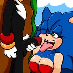 anthro black_body blue_body blue_hair blush exposed_torso eyelashes fellatio female footwear genderswap_(mtf) green_eyes hair handwear hedgehog humanoid licking_penis male masturbation open_mouth open_smile penis penis_grab rule_63 shadow_the_hedgehog smile sonadow sonic_(series) sonic_the_hedgehog sonique_the_hedgehog soulyagami64 tan_body tongue