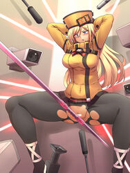 blonde_hair blue_eyes blush bondi_tei camera censored crotch_rub guilty_gear millia_rage pussy restrained sex_toy spread_legs tagme torn_clothes