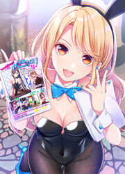 :d ad animal_ears bang_dream! bangs bare_shoulders black_legwear black_leotard blonde_hair blue_footwear blue_nails blue_neckwear blurry blurry_background bow bowtie breasts bunny_ears cleavage cobblestone commentary_request covered_navel cowboy_shot day detached_collar eyebrows_visible_through_hair fake_animal_ears female from_above high_heels highres kirigaya_touko leotard long_hair looking_at_viewer medium_breasts nail_polish open_mouth orange_eyes outdoors pamphlet pantyhose paper partial_commentary playboy_bunny round_teeth shoes sidelocks sleeveless smile solo standing strapless strapless_leotard swept_bangs teeth tsurime tsurugi_hikaru wing_collar wrist_cuffs