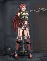 1girls bare_thighs bondage captured chain_leash chains cloth_gag cordelia_(fire_emblem) fire_emblem fire_emblem_awakening gag gagged garter_straps iron_ball leash leash_and_collar leash_pull long_hair nintendo ravenor11 red_hair restrained solo solo_female thighhighs