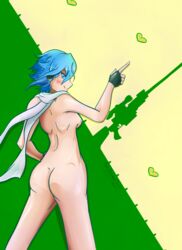 asada_shino ass ass_focus blue_eyes blue_hair breasts fingerless_gloves flatpancakes gun hair_ornament hand_on_hip heart looking_at_viewer one_hand_up pointing scarf short_hair side_view sideboob simple_background sinon sword_art_online