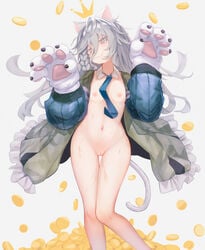 absurdres animal_ears blush cat_ears cat_paws cat_tail cleft_of_venus detached_collar female flat_chest girls'_frontline gloves grey_eyes grey_hair greyscale hair_between_eyes highres long_hair looking_at_viewer monochrome navel necktie nipples no_eyewear paw_gloves paws pussy simple_background smile solo sweat tail tears timitarcat white_background xm8_(girls_frontline)