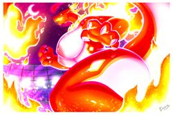 2020s 2021 3:2 anthro big_breasts breasts charizard claws female flame gigantamax_charizard gigantamax_pokémon hi_res low-angle_view nintendo nipples pokémon_(species) pokemon pokemon_(species) red_body solo thescarletdragon1 video_games white_body