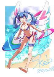 1girls beach bikini blue_angel blue_eyes blue_hair blue_nails blue_sky bow breasts chaya_mago cleavage cloud cloudy_sky commentary_request commission cya_mg earrings female full_body highres horizon jewelry large_breasts leaning_forward looking_at_viewer nail_polish navel one_eye_closed open_mouth outdoors pink_bow pink_ribbon ribbon shounen_jump skeb_commission sky smile solo standing swimsuit twintails water yu-gi-oh! yu-gi-oh!_vrains zaizen_aoi