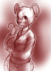 2020 anthro bottomless clothed clothing conditional_dnp elijah-draws female genitals head_tuft hi_res holding_tail looking_at_viewer mammal monochrome mouse murid murine pussy rodent simple_background solo tuft whiskers