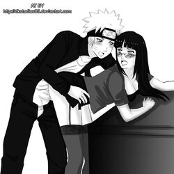 1boy 1girls bent_over blush breasts couple dk_studios female glasses huge_breasts human hyuuga_hinata male monochrome naruto sex stockings straight text uncensored uzumaki_naruto