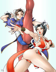 2girls arikawa ass black_hair breasts brown_hair capcom_vs_snk catfight chun-li cleavage crossover death_battle fatal_fury female female_only high_kick highres human kicking king_of_fighters legs mai_shiranui multiple_females open_mouth panties pantyhose pantyshot ponytail spread_legs straight_hair street_fighter tied_hair underwear