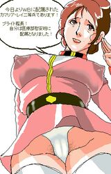 1girls breasts brown_hair cameltoe curvaceous earth_federation female gundam human japanese_text kamaria_ray large_breasts light-skinned_female light_skin married_woman mature mature_woman milf military_uniform mobile_suit_gundam mokuzou_zabuton mother nipples panties short_hair solo uniform