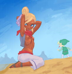 1boy 1girls areolae beach breasts capri_pants clothing dark-skinned_female dark_skin dou_(soot) female female_focus flat_chest kneeling link male nintendo nipples nosebleed small_breasts solo_focus straight_hair tetra the_legend_of_zelda the_wind_waker toon_link wind_waker young