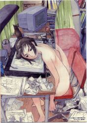 1girls amazon_(company) barefoot black_hair brand_name_imitation brand_name_parody casual_nudity computer drawing frown frustrated genshiken highres mirror nonsexual_nudity nude nudist ogiue_chika otaku otaku_room poster product_placement reflection solo tear traditional_media tsuruta_kenji