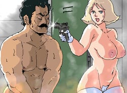 1boy 1girls black_hair blonde_hair blue_eyes breasts casual facial_hair female firearm gun gundam handgun human large_breasts light-skinned_female light_skin male male_nipples manly mature_male mobile_suit_gundam mokuzou_zabuton muscles muscular_male mustache nipples no_visible_genitalia nude_male pale_skin pecs ramba_ral sayla_mass shaved_crotch short_hair straight weapon