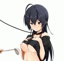 animated black_hair blush bondage breast_poke breasts chuunibyou_demo_koi_ga_shitai! collar ladle leash ninnzinn nipples no_bra off_shoulder poking red_eyes shirt shirt_lift simple_background slave takanashi_touka underboob