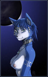 anthro bindi black_nose blue_eyes blue_fur blue_hair breasts choker closed_mouth color female female_only fox fur furry furry_breasts furry_ears hair jewelry krystal looking_at_viewer moon necklace night nipples nude open_eyes outdoors pointy_ears short_hair side_view solar_eclipse solo star_fox white_fur