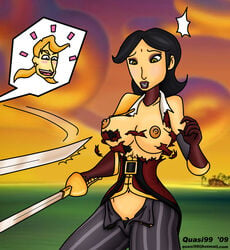 assisted_exposure black_hair breasts clothing female guybrush_threepwood holding_sword human monkey_island morgan_leflay motion_lines nipples offscreen_character outdoors pussy quasi99 standing sword tagme torn_clothes