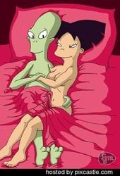 above_view amy_wong bed black_hair blanket female futurama green_skin human in_bed interspecies kif_kroker male matt_groening_(style) nude pillow short_hair straight tagme tan_skin toony