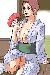 1girls breasts brown_hair curvaceous fan female gundam human japanese_text kamaria_ray kimono large_breasts light-skinned_female light_skin married_woman mature mature_woman milf mobile_suit_gundam mokuzou_zabuton mother naked_kimono nipples pussy short_hair text