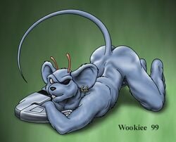 1990s 1999 1boy 1male 20th_century 90s antennae anthro ass ass_up biker_mice_from_mars cybernetic_arm digital_media_(artwork) ear_piercing fur furry furry_only green_background looking_at_viewer male male_only modo_(bmfm) mouse no_humans nude old_art piercing piercings robotic_arm solo solo_male wooky year