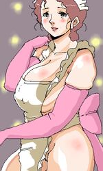 1girls apron breasts brown_hair curvaceous female gundam human japanese_text kamaria_ray large_breasts light-skinned_female light_skin married_woman mature mature_woman milf mobile_suit_gundam mokuzou_zabuton mother naked_apron short_hair solo text