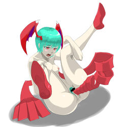 blush censored darkstalkers demon_girl flat_chest head_wings lilith_aensland masturbation mono_(monotonerhythm) nude pale_skin pubic_hair pussy red_eyes short_hair small_breasts solo succubus vaginal_object_insertion vaginal_penetration