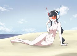 1girls barefoot beach black_hair blue_eyes blue_nails blue_sky breasts casual_nudity elesa_(pokemon) elesa_(pokemon_bw2) feet female functionally_nude gym_leader headphones jiffic long_hair lying nail_polish navel nintendo nipples nude ocean on_side payot pokemon pokemon_bw2 reclining sky slender_waist solo sunglasses thigh_gap toenail_polish toes