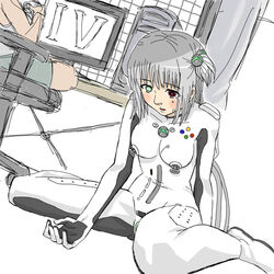 breasts color console console-tan controller female heterochromia microsoft personification silver_hair solo symbol-shaped_pupils xbox xbox_360 xbox_360-tan