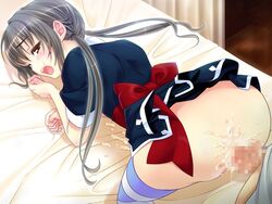 2boys akagi_mikoto anal androgynous arched_back ass_up bed blush brown_eyes censored crossdressing cum cum_in_ass cum_inside cum_on_bed cum_on_body cum_while_penetrated ejaculation erection femboy game_cg gay girly hair_ornament long_hair male_only marchen_sou mbs_truth multiple_boys open_mouth sex silver_hair striped striped_legwear striped_thighhighs tear thighhighs top-down_bottom-up trap yaoi