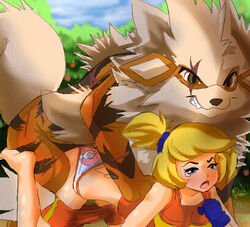 1girls arcanine battle_girl_(pokemon) battle_girl_(pokemon_dppt) bestiality blonde_hair breasts female nintendo npc_trainer panties poke_ball_print pokemon pokemon_(species) pokemon_dppt pokephilia zoophilia