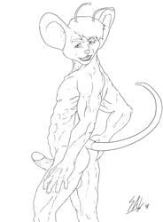 2008 antennae anthro biker_mice_from_mars fur humanoid_penis looking_aside male male_only mammal monochrome mouse muscles nude penis rodent side_view solo throttle_(bmfm)