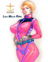 1girls 2008 belt blonde_hair blue_eyes bodysuit breasts curvaceous earrings earth_federation erection_under_clothes female gloves gundam human large_breasts light-skinned_female light_skin lila_milla_rira mature mature_woman pilot_suit short_hair solo spacesuit standing thick_thighs ukatsu_juuzou wide_hips zeta_gundam