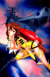 1girls artist_request bodysuit breasts brown_hair curvaceous female holster human large_breasts light-skinned_female light_skin looking_at_viewer nipples short_hair solo space space_battleship_yamato spaceship torn_clothes yuki_mori